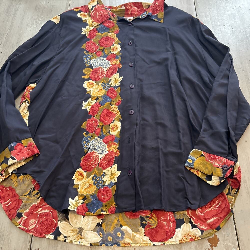 Vtg Sharon Anthony Navy Pink Floral Button Front Shirt Sz 24W *Flaw